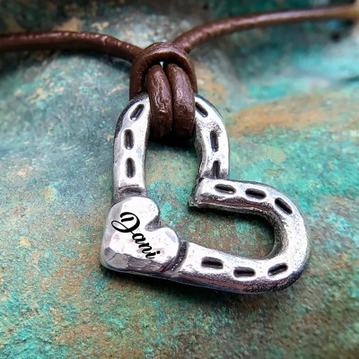 Personalized Name Horseshoe Heart Necklace, Hand Hammered Lucky Pendant, Rustic Western Jewelry, Birthday Gift for Equestrian/Western Lovers/Women