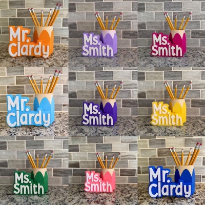 Personalized 3D Teacher Name Pencil Shaped Name Plate & Pen Holder, Colorful Stationery Cup Organizer, Appreciation/Back to School Gift for Educators