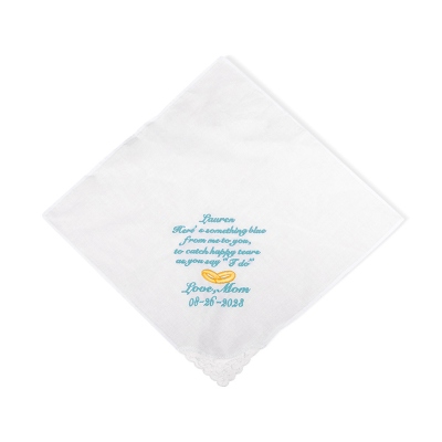Mouchoir personnalisé en dentelle de mariage brodé en coton avec nom et date, quelque chose de bleu, cadeau de mariage de maman à fille