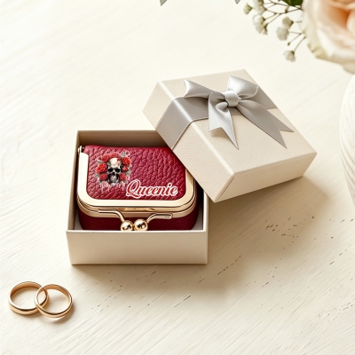 Personalized Name Birth Flower Skull Kiss Lock Leather Mini Jewelry Box, Vintage-inspired Travel Coin Purse, Birthday/Halloween Gift for Women