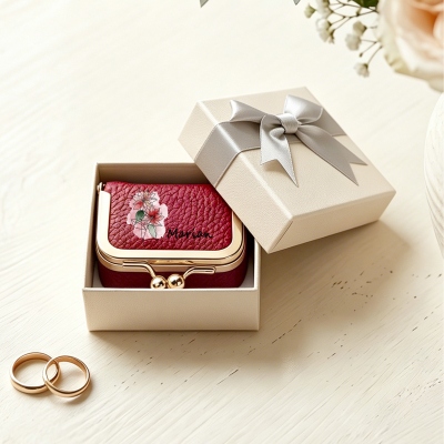 Personalized Name Watercolor Birth Flower Kiss Lock Leather Mini Jewelry Box, Vintage Travel Coin Purse, Birthday/Wedding Gift for Women/Bridesmaids
