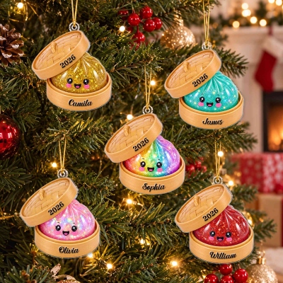 Custom Glitter Steamed Bun Christmas Ornament with Name & Year, Acrylic Xmas Tree Hanging Decoration, Birthday/Holiday Gift for Kids/Family/Friends