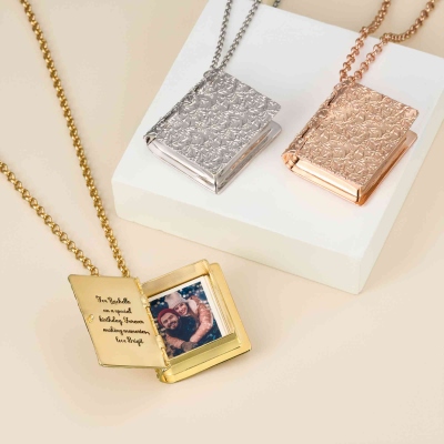 Personalisierte Medaillon-Halskette mit Fotoalbum, gravierte Medaillon-Halskette mit Blumenmuster, Erinnerungsschmuck, Hochzeits-/Jubiläumsgeschenk für Sie/Frauen/Mädchen