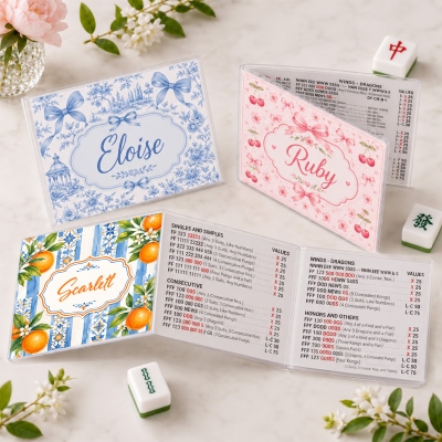 Custom Name Floral/Bow/Striped Tri-Folded Mahjong Card Cover with Clear PVC Sleeve, Mahjong Accessory, Game Night/Birthday Gift for Mahjong Lovers