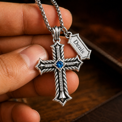 Personalized Men’s Cross Necklace with Birthstone and Name Tag, Shield Cross Pendant, Christian Gift for Husband/Dad/Son
