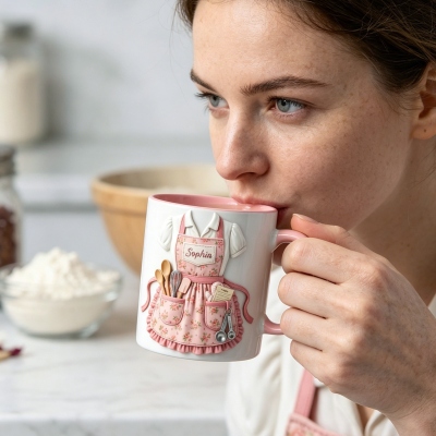 Tasse tablier de cuisine florale 3D personnalisée avec nom, tasse à café/chocolat chaud en céramique avec accessoires réalistes, cadeau pour la fête des mères, maman pâtissière