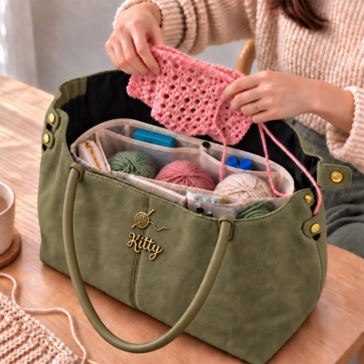Personalized Crochet & Knitting Project bag Suede-feel Custom name birth flower yarn Storage with Removable  organizer Birthday Gift for Craft Lovers