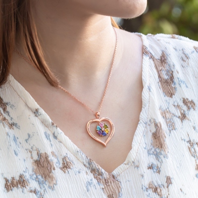 Personalized Heart Birthstone Necklace with Engraving in Silver