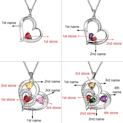 Heart-shaped Birthstone Family Necklace with Customized 1-10 Names