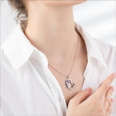 Personalized Name and Birthstone Heart Necklace Gift for Mom