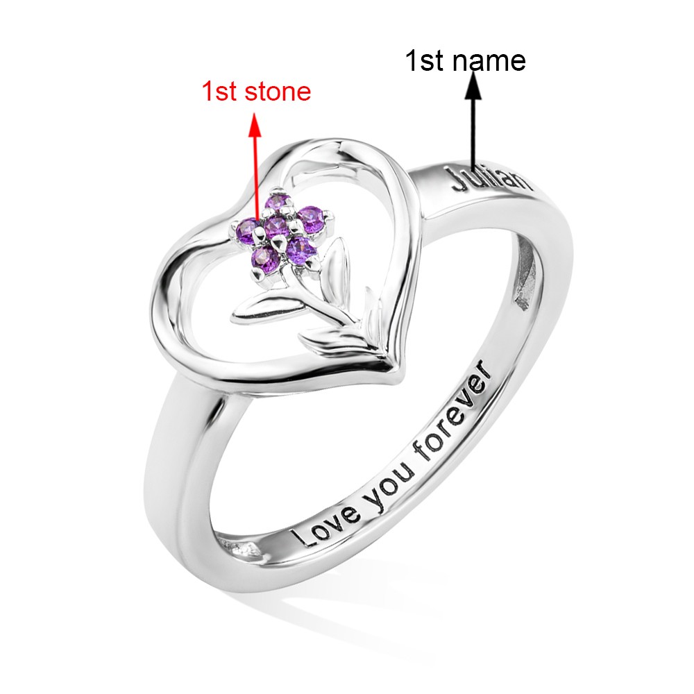 Custom 1-8 Birthstone Flower Ring with Engraving, Our Family Is A Garden Of Love Heart Ring, Flower Design Garden Family Ring for Grandmother/Mother