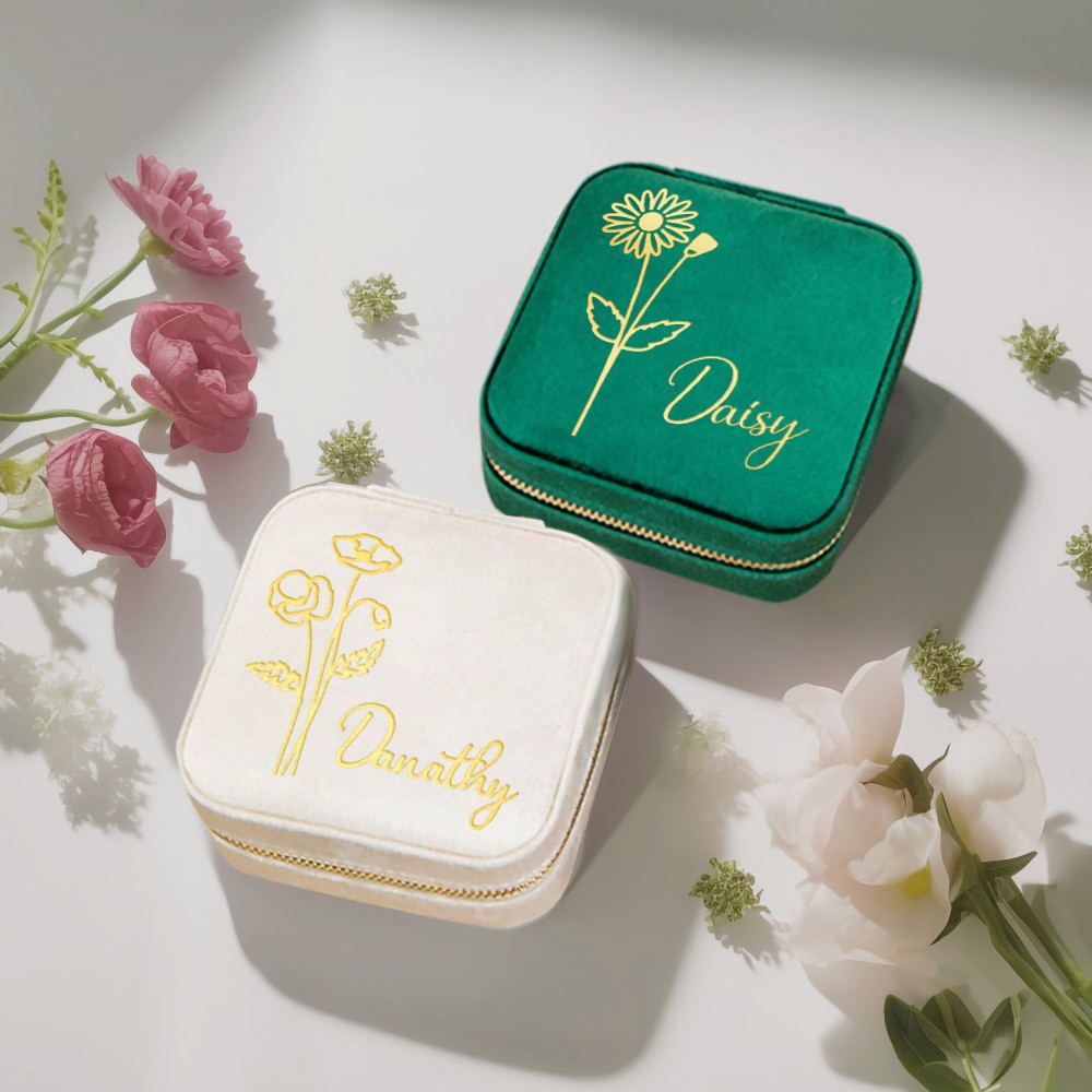 Étui de voyage à bijoux avec fleur de naissance, cadeau d'anniversaire personnalisé, boîte à bijoux en velours personnalisée, cadeaux pour mariage/demoiselle d'honneur/maman/femme, achetez plus, économisez plus