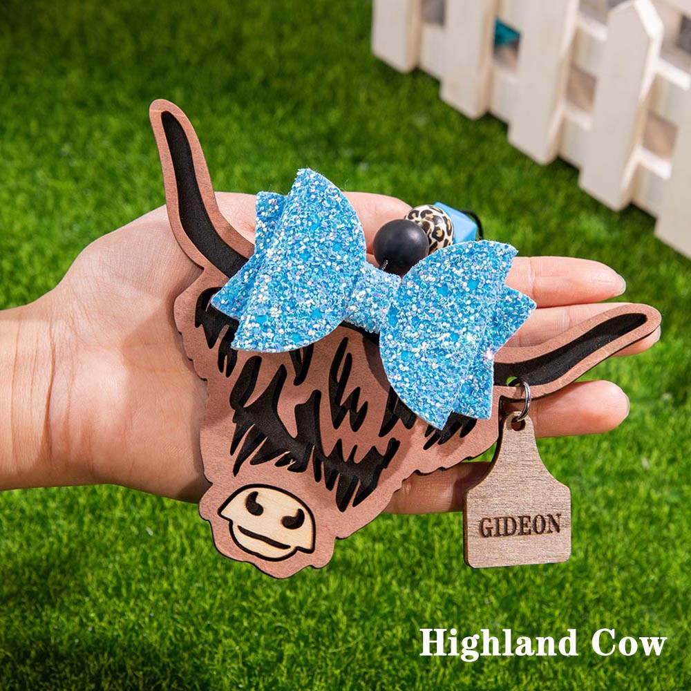 Custom Highland Cattle Cow Print Car Charm with Bow, Rear View Mirror Accessories with Engraved Name Tag, Birthday Gift for Women/Cow Lover