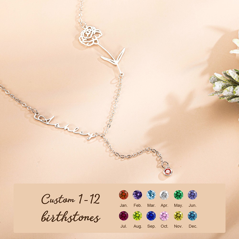 Birth Flower Necklace with Birthstone, Personalized Name Necklace, Women's Jewelry, Bridesmaid Gift, Wedding/Birthday/Anniversary/Mother's Day Gift