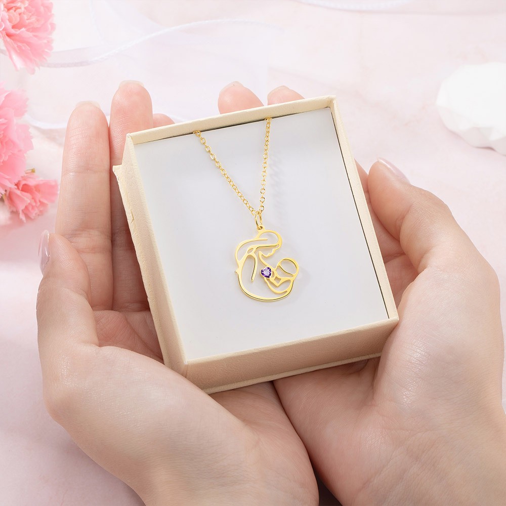 Personalized Mother and Child Necklace, Brass/Sterling Silver 925 Necklace, Birthstone Necklace, Mom Baby Necklace, Mothers Day Gift, Gift for Mom/Her