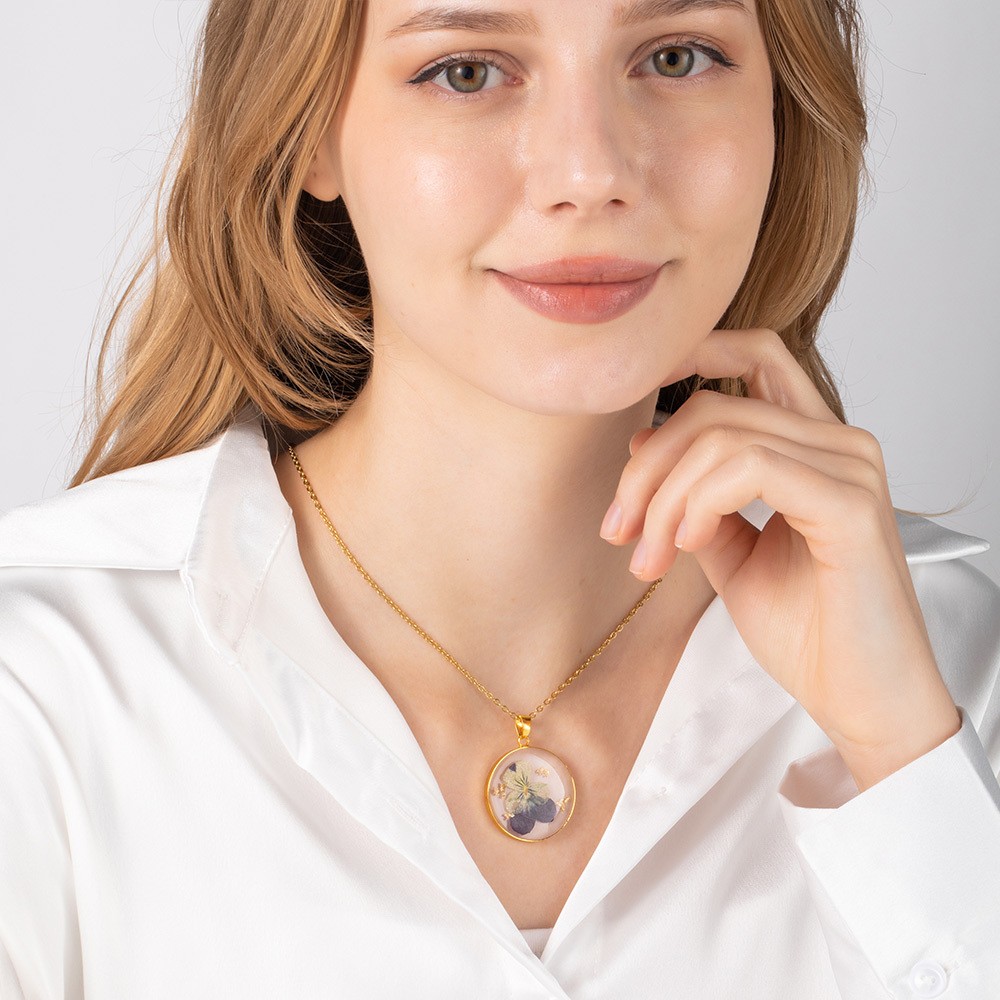 Personalized Birth Flower Necklace, Dried Pressed Flower Resin Necklace, Customized Round Pendant Jewelry, Birthday Gifts, Gifts for Women