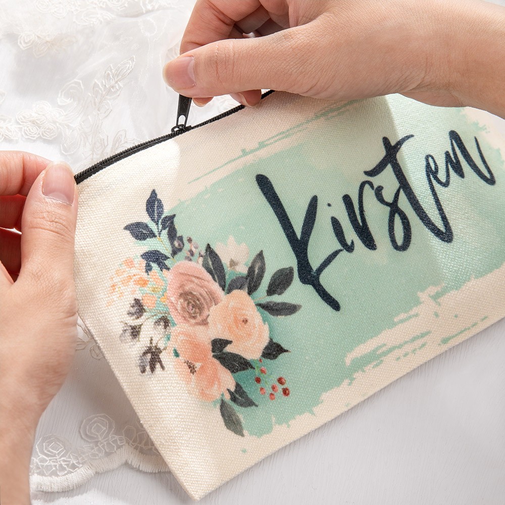 Trousse de maquillage personnalisée pour femme, cadeaux de proposition de demoiselle d'honneur, pochette cosmétique en toile monogramme personnalisée, cadeaux de mariage, ensemble cadeau de maquillage