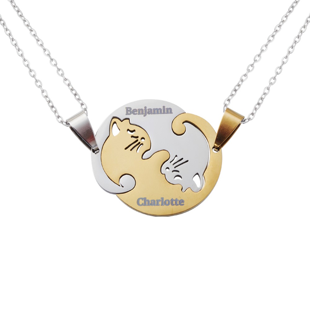 Aangepaste naam zwart-witte kat ketting, set van 2, vriendschap ketting, zuster ketting, beste vriend sieraden, cadeau voor kattenliefhebber/vriend/haar