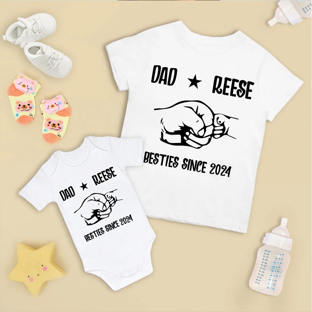 Customized Name Fist to Fist Parent-child Shirt, Dad & Baby Matching Shirt, Cotton Shirt/Baby Bodysuit, Our First Father's Day Shirt for Dad