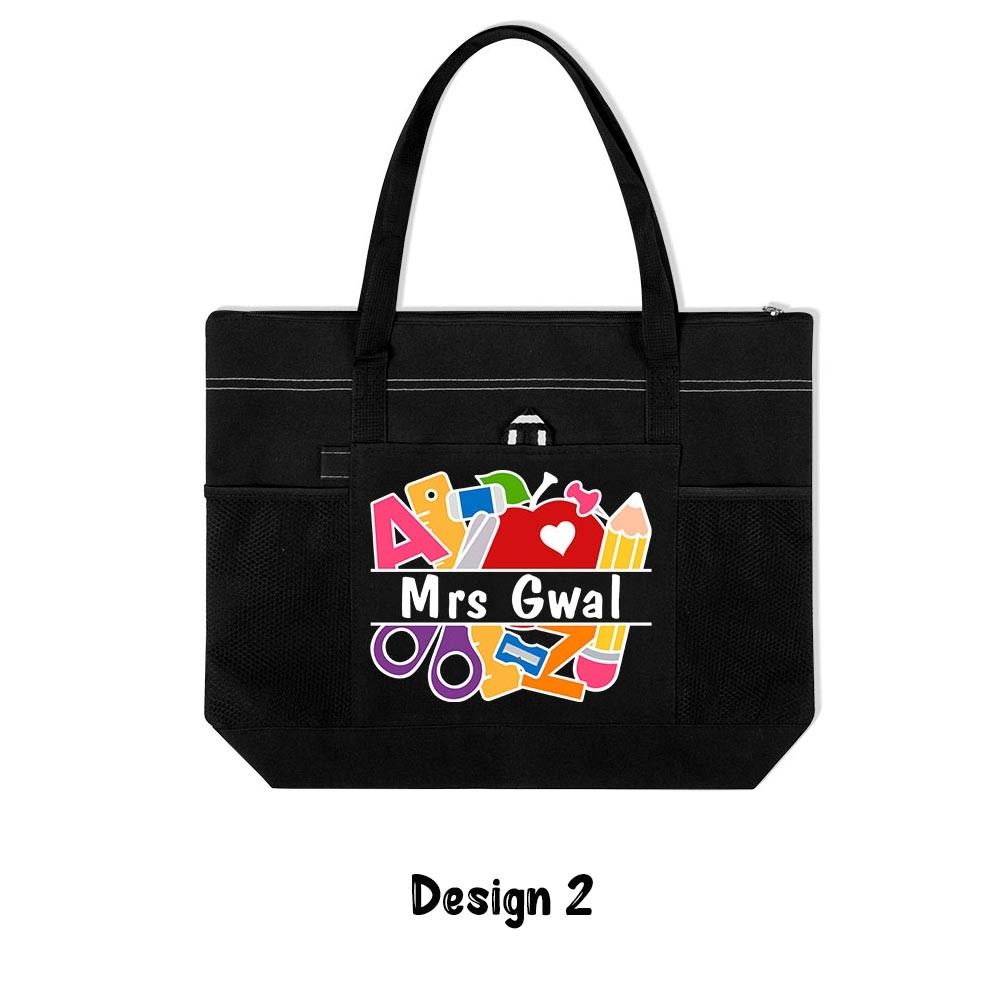 Custom Teacher Heart ABC Tote Bag, Large Zipped Canvas Bag with Mesh Pocket, Paraprofessional Gift, Christmas/Teacher's Day/Birthday Gift for Women