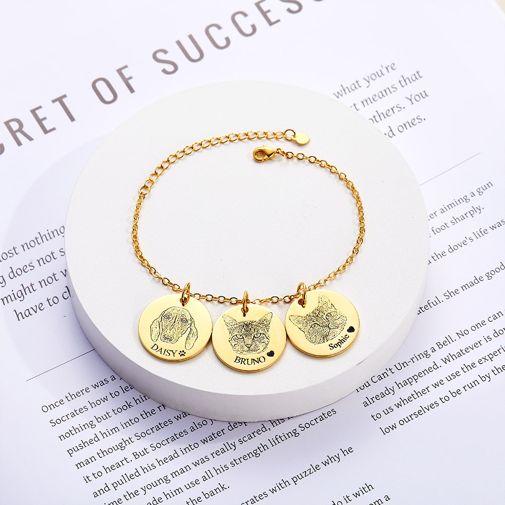 Personalized Name Pet Portrait Engraved Bracelet, Sterling Silver Small Disc Bangle, Pet Memorial Jewelry, Birthday Gift for Pet Lover/Dog Mom/Cat Mom