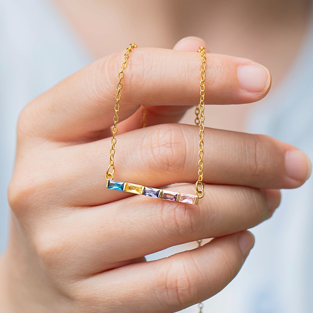 Personalized 1-8 Baguette Birthstones Dainty Pendant Necklace, Minimal Family Jewelry, Birthday/Mother's Day Gift for Women