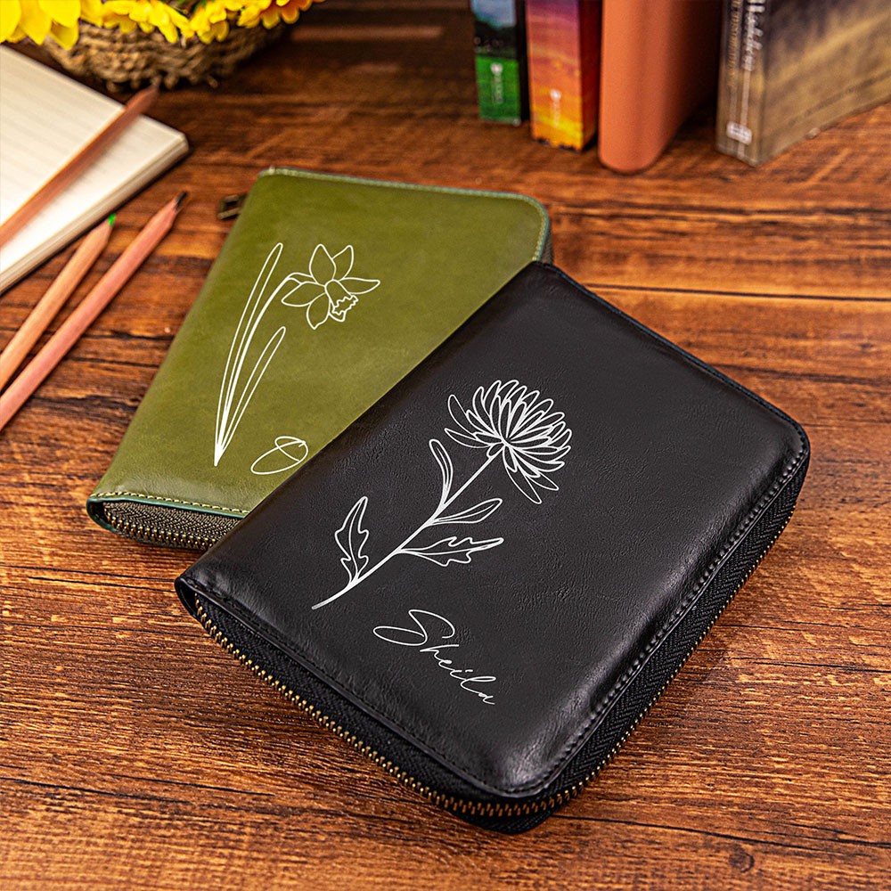 Personalized Birth Flower Leather Travel Journal Organizer, Padfolio with Pencil Holder, Notepad with Zipper Lock, Planner Case, A6 Notebook Cover