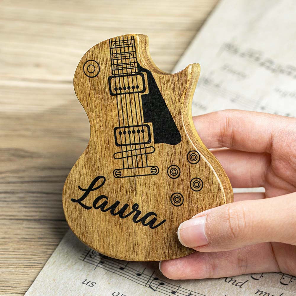 Personalisierte Gitarrenplektren aus Holz mit Aufbewahrungshülle mit Textfoto, Geburtstags-/Abschlussgeschenk für Gitarrenspieler/Musiker