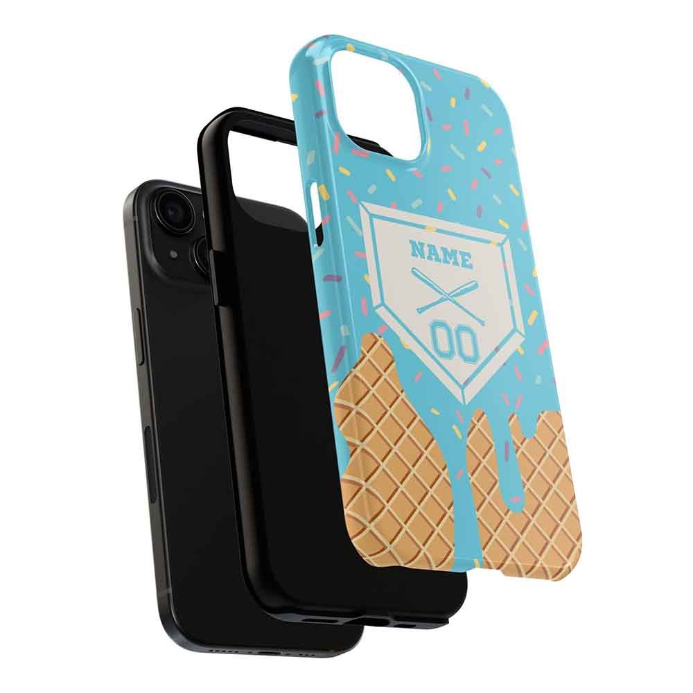 Personalized Name Baseball Lifestyle Inspired Phone Case, Blue Dripping Ice Cream Cone Custom Phone Case, Baseball Fashion Gift For Baseball Lovers