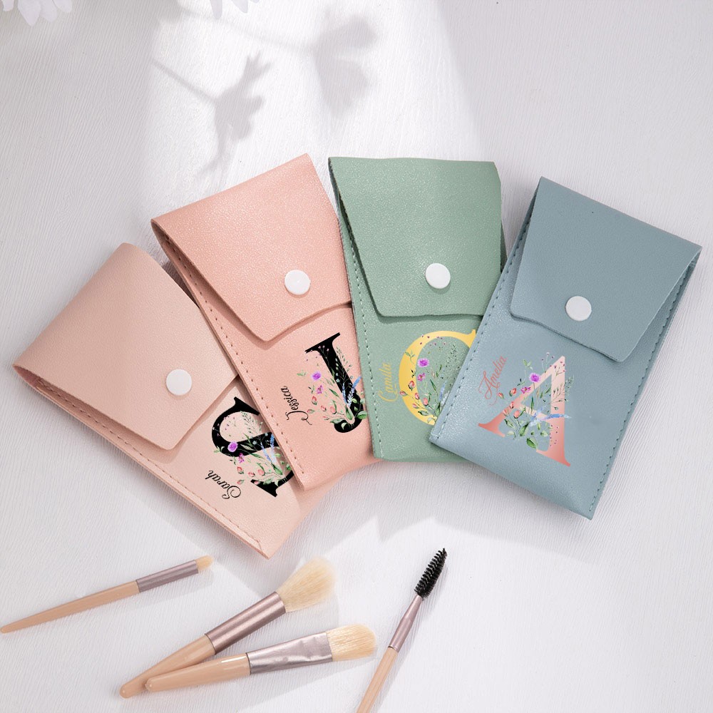 Personalized Leather Makeup Brush Bag with 8 Pcs Brushes, Custom Initial & Name Floral Cosmetic Bag, Birthday/Wedding Gift for Mom/Sister/Friend