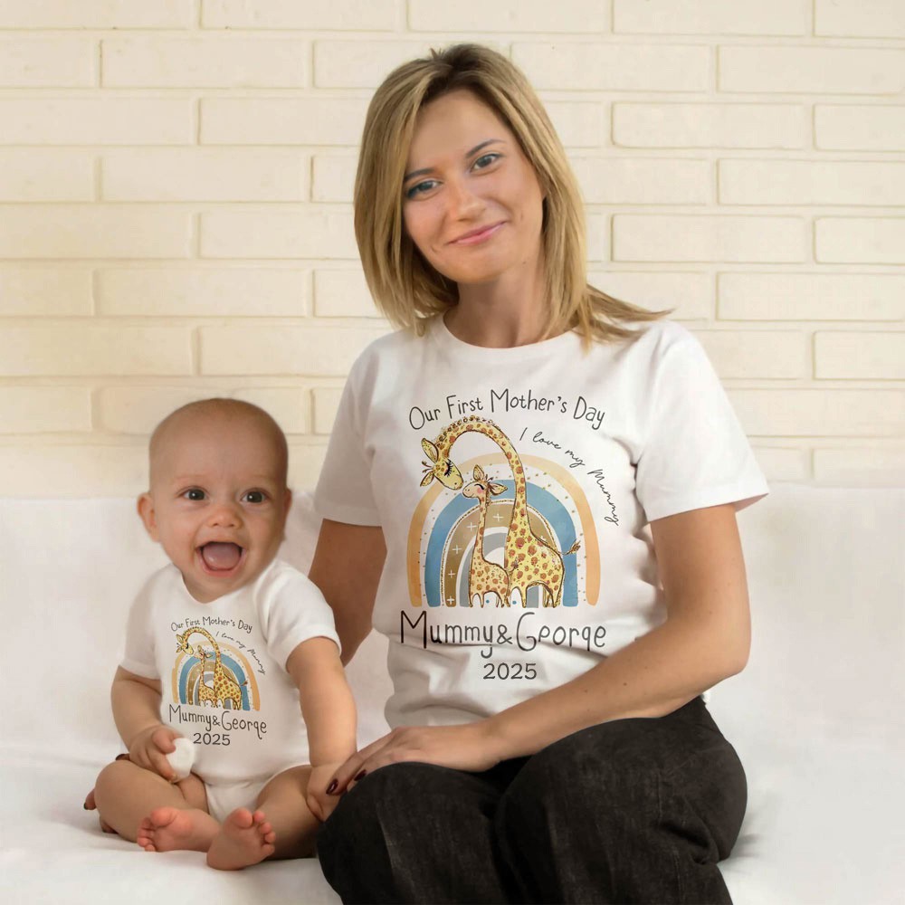 Custom Cute Bear Bunny Giraffe 100% Cotton T-Shirt and Baby Onesie, Our First Mother's Day Mom & Baby Set, First Mother's Day Gift for Newborn New Mom