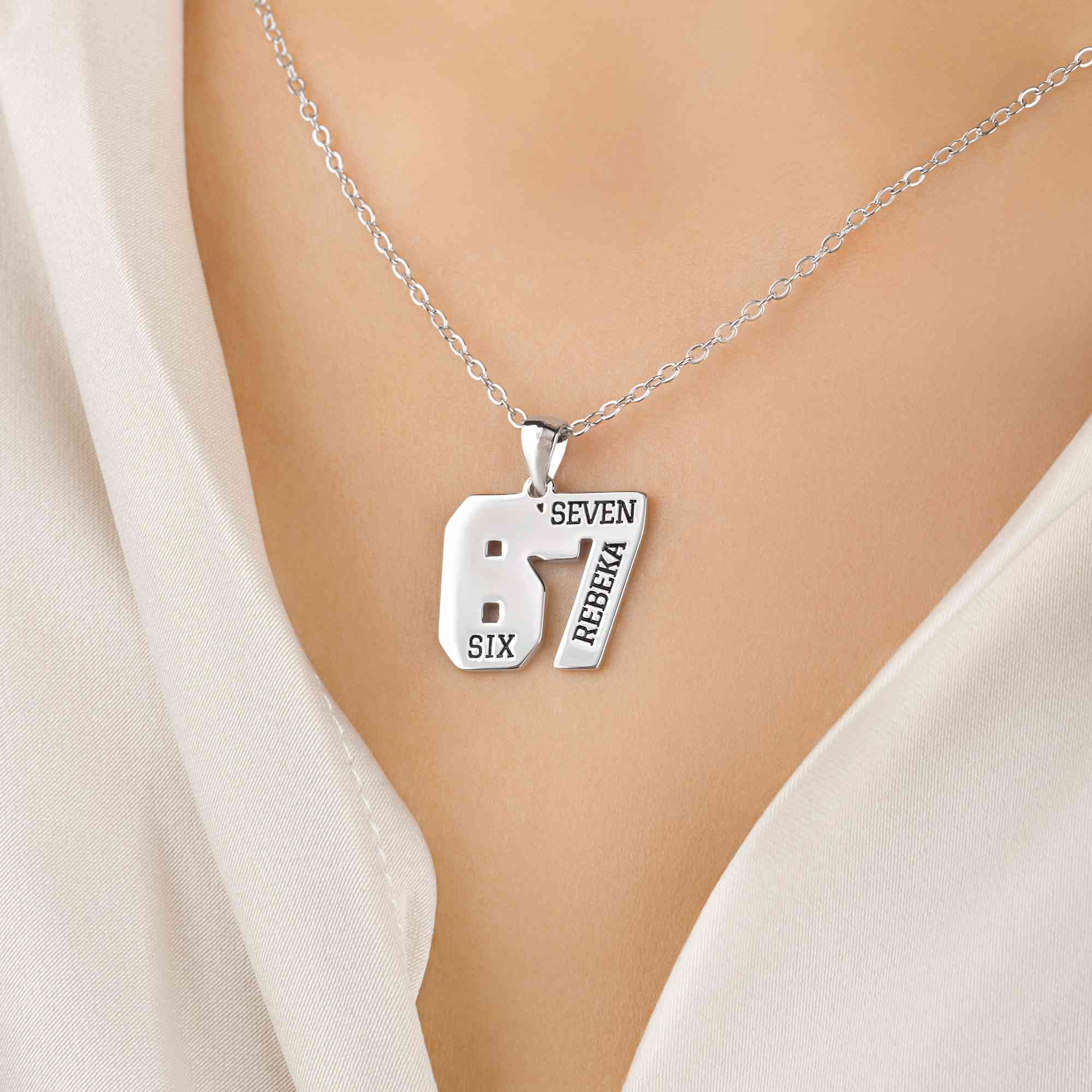 Personalized Six Seven Gesture Enamel Necklace with Name/Initial