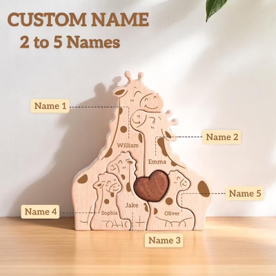 Puzzle personnalisé Famille Girafe avec 2 à 5 noms, Décoration en bois pour chambre d'enfant, Souvenir de famille, Cadeau Fête des Mères/Anniversaire pour maman/grand-mère/famille