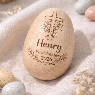 Personalized Engraved First Bunny Easter Egg with Name, Wooden Easter Basket Stuffer, Egg Hunt Favor, Newborn Keepsake, Easter Gift for Kids/Babies