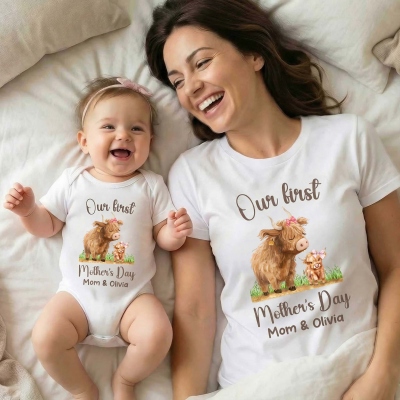 Personalized Name Highland Cow Family Mom and Baby Set, 100% Cotton Mom T-Shirt & Baby Bodysuit, Baby Shower/Mother’s Day Gift for Newborns/New Mom