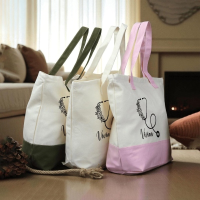 Personalisiertes Stethoskop-Canvas-Taschenset mit Blumenmuster und Namen, mehrfarbige, wiederverwendbare Arbeitstasche &amp; Etui, Geschenk zur Wertschätzung/zum Studienabschluss für Krankenschwestern