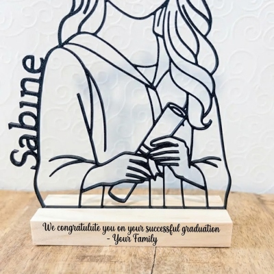 Sculpture de fin d'études personnalisée avec nom, motif linéaire, socle en bois gravé, souvenir minimaliste imprimé en 3D, décoration de bureau, cadeau pour les diplômés