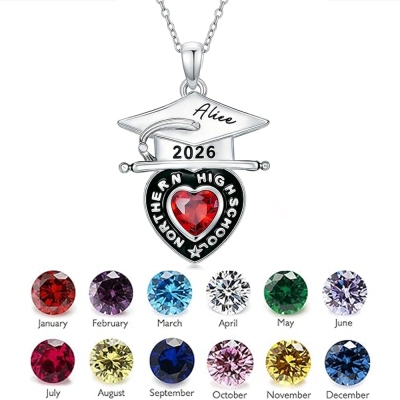 Personalisierte Halskette mit Geburtsstein und Herzmotiv in Form einer Absolventenmütze, Namensgravur, Sterlingsilber 925, Abschlussschmuck für High School und College, Jahrgang 2026, Geschenk für Absolventen