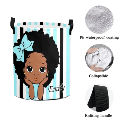 Custom Cute Black Girl Laundry Storage Basket with Name, Large Capacity Collapsible Clothes Hamper with Handles for Bathroom/Nursery, Gift for Girls