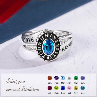 Custom Woman Birthstone School Class Ring with Engraved Text, High School University Graduation Ring, Graduation Gift for Class of 2026 Graduates