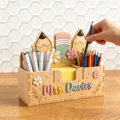 Stylos et porte-notes adhésifs personnalisés avec nom pour enseignants, organiseur de bureau en bois, décoration de salle de classe, cadeau de remerciement/d'anniversaire pour enseignants/éducateurs