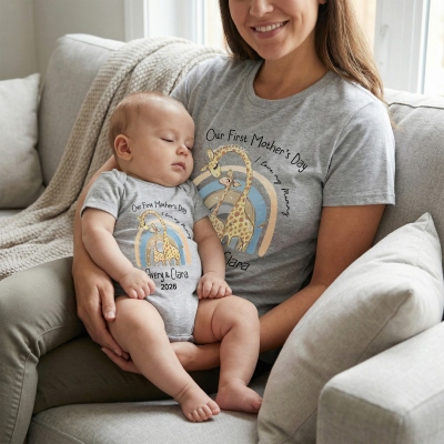 Personalized Animals/Pattern T-shirt and Baby Onesie, Our First Mother's Day Mom and Baby Set 100% Cotton, Holiday Party Gift for Newborn New Mom