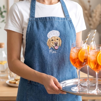 Custom Embroidered Pet Portrait Chef Hat Apron with Name, Unisex Stain-Resistant Cooking Kitchen Apron with Front Pocket, Gift for Pet Owners/Family