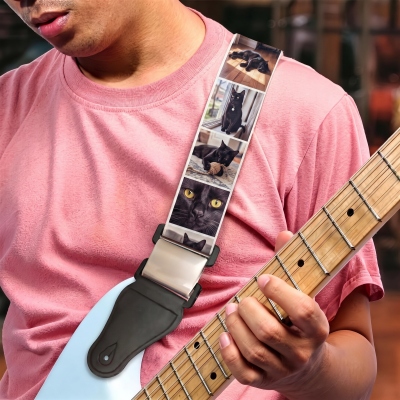 Sangle de guitare personnalisée (1 à 24 photos), toile résistante avec boucle réglable, accessoire de guitare, cadeau d'anniversaire ou de commémoration pour les passionnés de guitare et leurs amis.