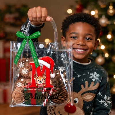 名前入りスノーフレークトナカイサンタ帽アルファベットクリスマスギフトバッグ（リボン付き）、PVC透明トートバッグ、子供/孫へのクリスマスプレゼント
