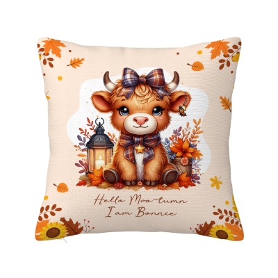 Personalised Name Autumn Highland Cow Pumpkins Soft Throw Pillow, Thanksgiving Pillow with Name, Thanksgiving Gift for Kid Woman, Home Decor