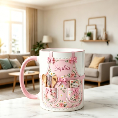 Tasse tablier de cuisine florale 3D personnalisée avec nom, tasse à café/chocolat chaud en céramique avec accessoires réalistes, cadeau pour la fête des mères, maman pâtissière