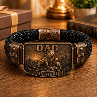 Personalized Lion & Cub Dad Bracelet with Engraving, Father's Day/Birthday/Christmas Gift for Dad/Husband