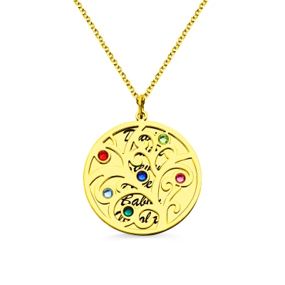 18k Gold Birthstone Name Family Tree Necklace