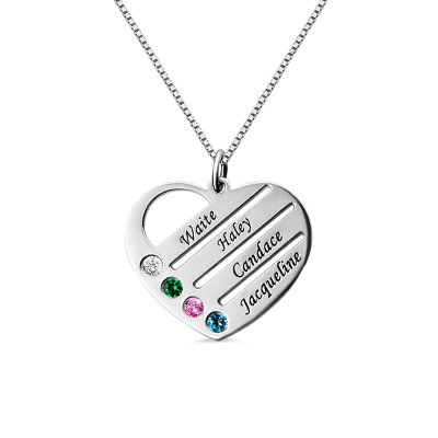 Mother's Heart Necklace with 4 Custom Birthstone and Name